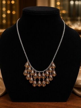 Silver Chain Necklace with Amber Teardrop Pendants